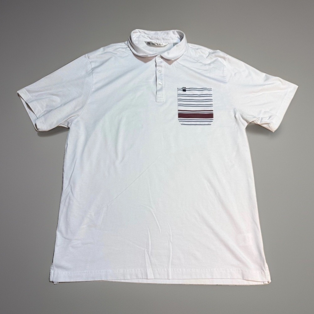 Travis Mathew Polo Shirt XL Mens Short Sleeve Pocket White Pima Cotton Striped